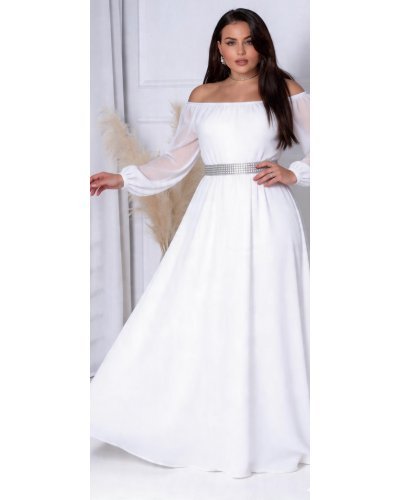 Rochii, Rochie cununie civila lunga, voal, alba,  cu maneca lunga si umerii goi, Afrodita - jojofashion.ro