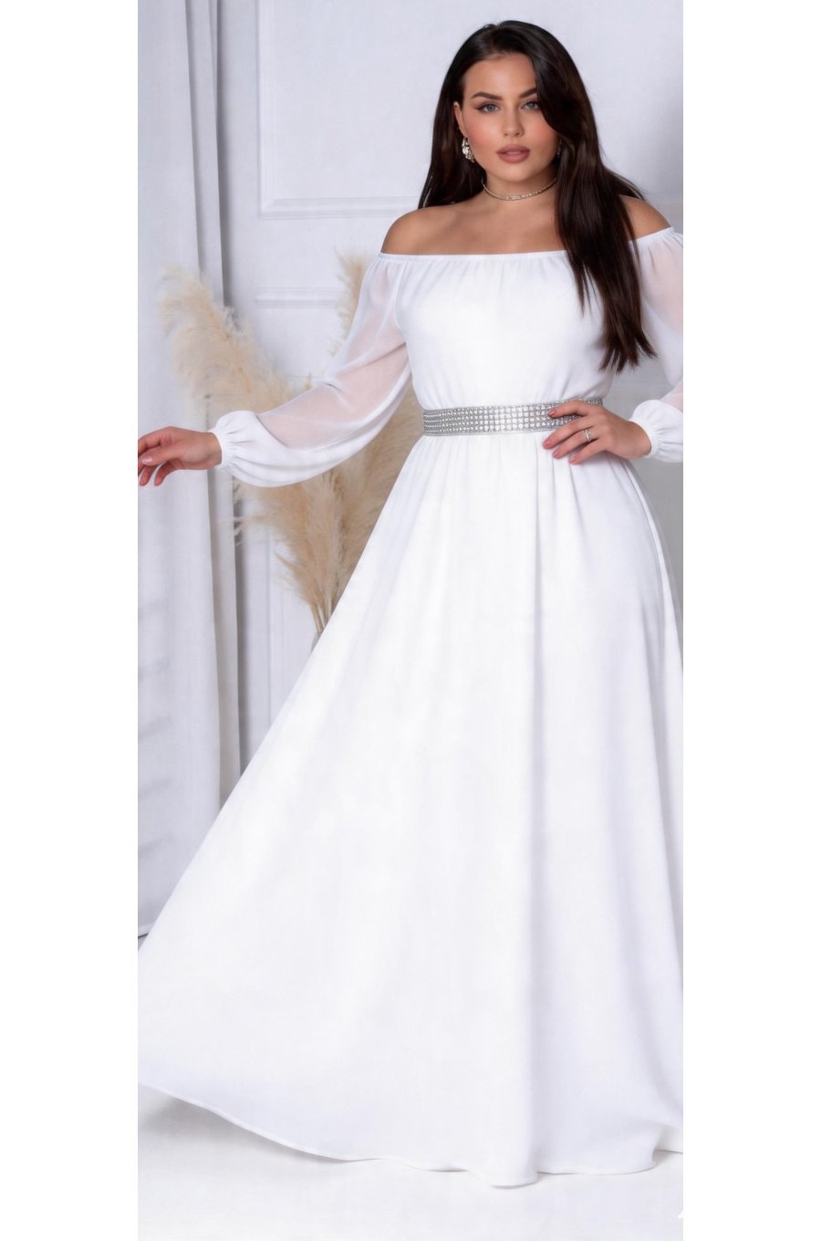 Rochie cununie civila lunga, voal, alba,  cu maneca lunga si umerii goi, Afrodita 2 - jojofashion.ro