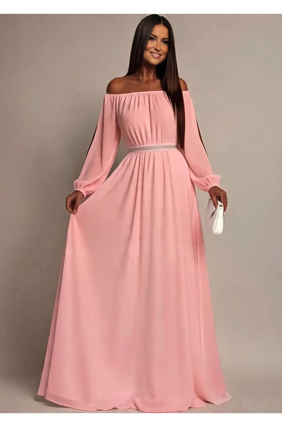 Rochie lunga roz pal din voal vaporoasa Afrodita 1 - jojofashion.ro