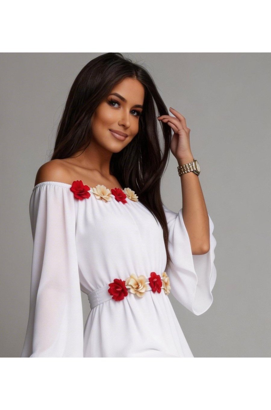 Rochie cununie civila, scurta, din voal, alba, cu maneca lunga, Raisa 2 - jojofashion.ro