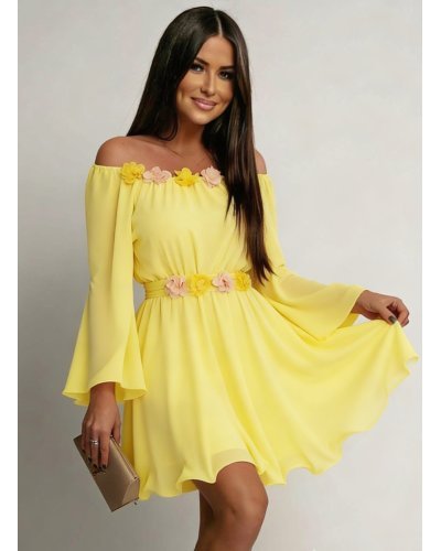 Rochii domnisoare de onoare, Rochie scurta galbena din voal vaporoasa Raisa - jojofashion.ro