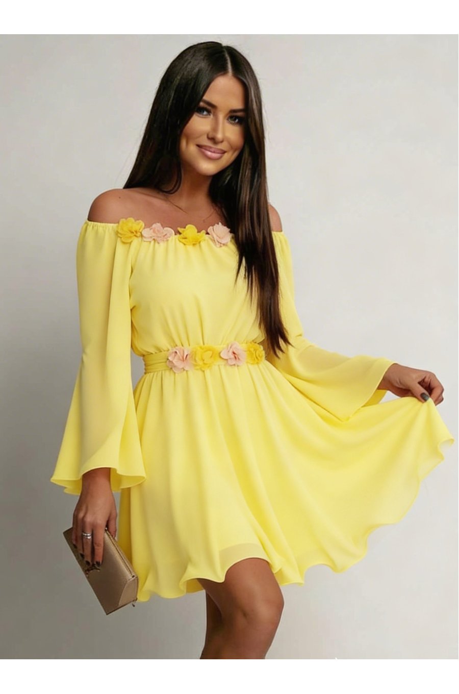Rochie scurta galbena din voal vaporoasa Raisa 1 - jojofashion.ro