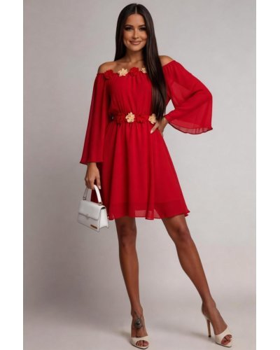 Rochii de Ocazie Elegante, Rochie scurta rosie din voal vaporoasa cu maneca lunga Raisa - jojofashion.ro