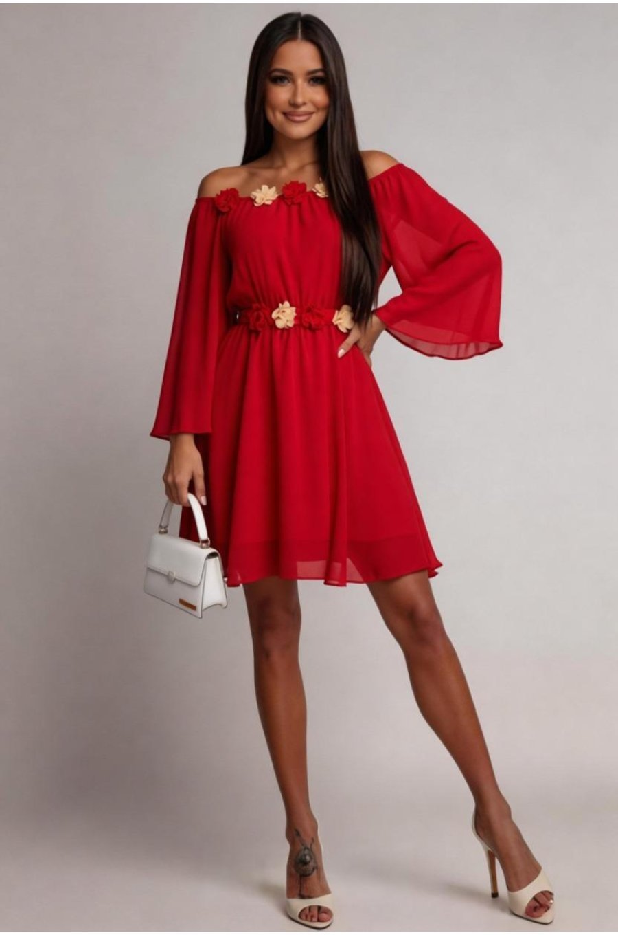 Rochie de ocazie scurta rosie din voal vaporoasa cu maneca lunga Raisa 1 - jojofashion.ro