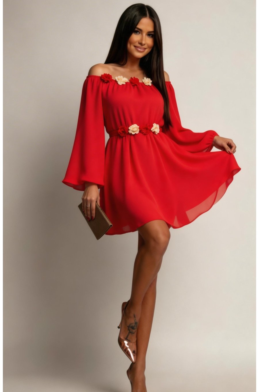 Rochie scurta rosie din voal vaporoasa cu maneca lunga Raisa 1 - jojofashion.ro