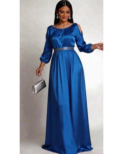 Rochii marimi mari, Rochie lunga din satin albastra vaporoasa cu maneca lunga Larisa  - jojofashion.ro