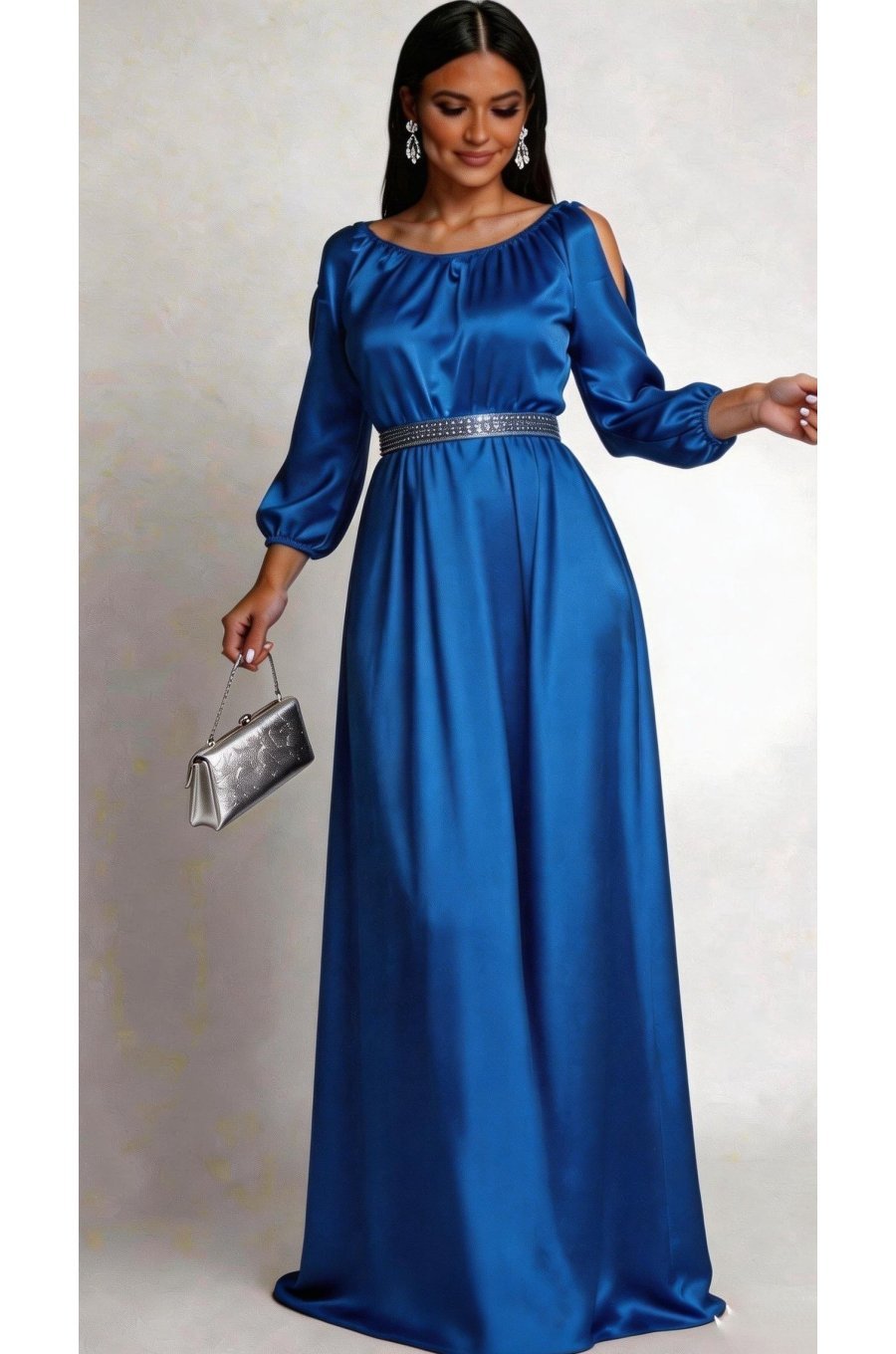 Rochie lunga din satin albastra vaporoasa cu maneca lunga Larisa  1 - jojofashion.ro