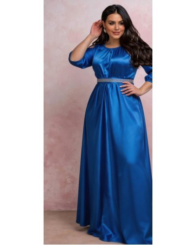 Rochii marimi mari, Rochie lunga din satin albastra vaporoasa cu maneca lunga Larisa  - jojofashion.ro