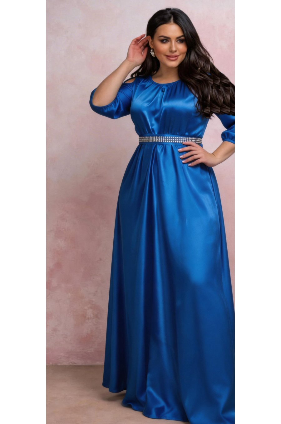 Rochie lunga din satin albastra vaporoasa cu maneca lunga Larisa  2 - jojofashion.ro