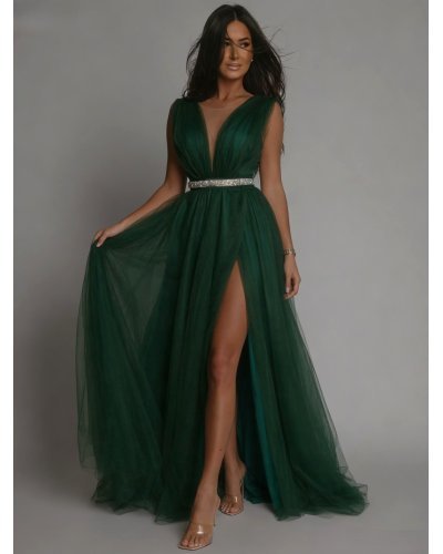 Rochii vaporoase, Rochie lunga eleganta cu tul verde smarald Adele - jojofashion.ro