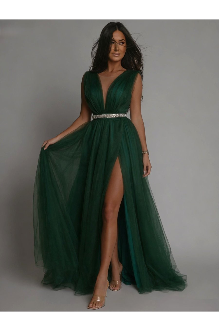 Rochie lunga eleganta cu tul verde smarald Adele 1 - jojofashion.ro