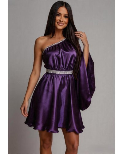 Rochii banchet, Rochie babydoll din satin mov cu maneca lunga Melike  - jojofashion.ro