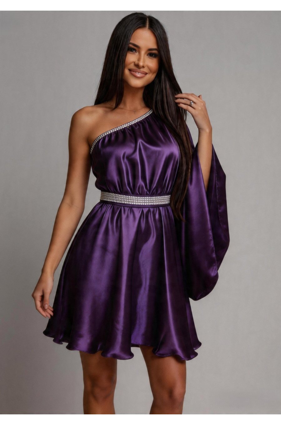 Rochie babydoll din satin mov cu maneca lunga Melike  1 - jojofashion.ro