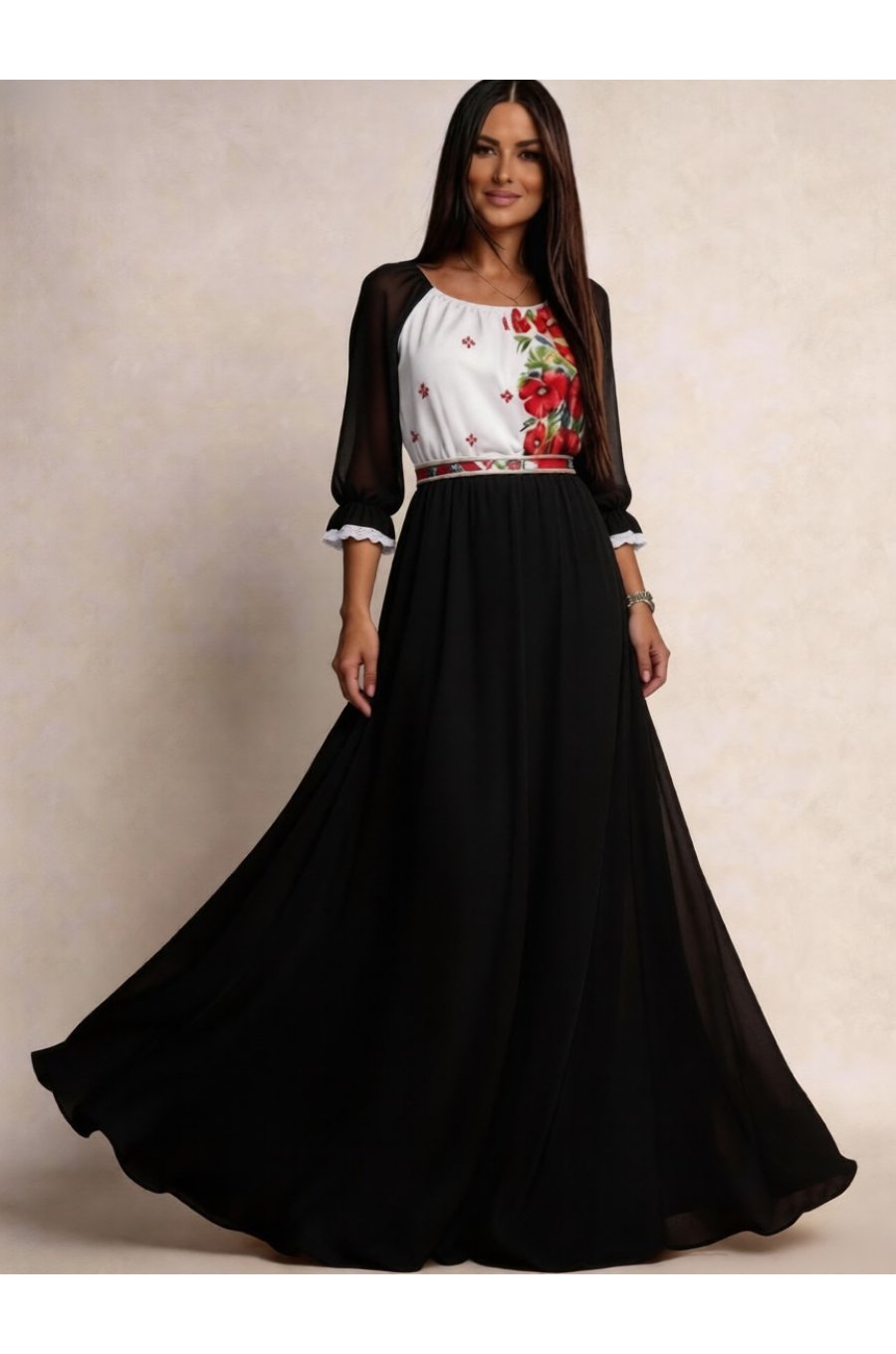 Rochie lunga neagra din voal cu motive traditionale vaporoasa Emanuela 3 - jojofashion.ro