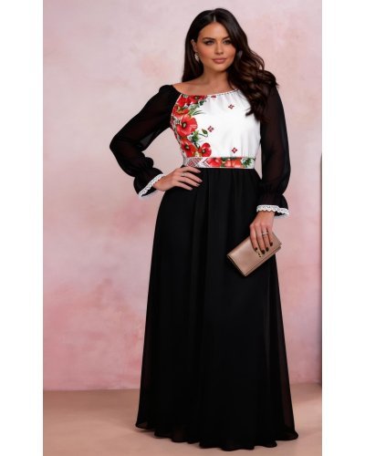 Rochii traditionale, Rochie lunga neagra din voal cu motive traditionale vaporoasa Emanuela - jojofashion.ro