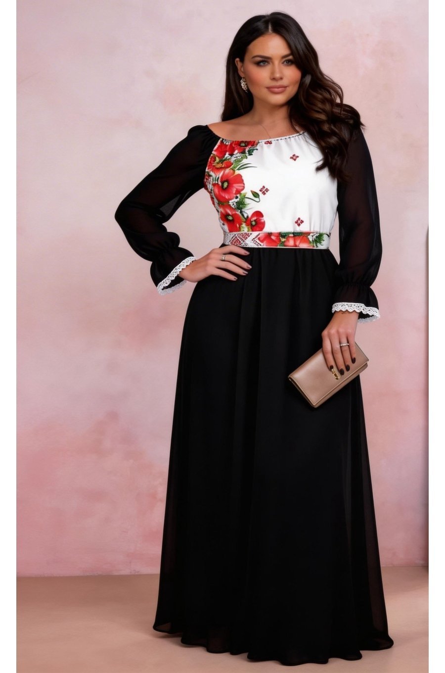 Rochie lunga neagra din voal cu motive traditionale vaporoasa Emanuela 2 - jojofashion.ro
