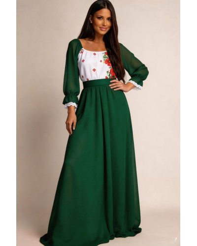 Rochii traditionale, Rochie lunga verde din voal cu motive traditionale pe bust Emanuela - jojofashion.ro