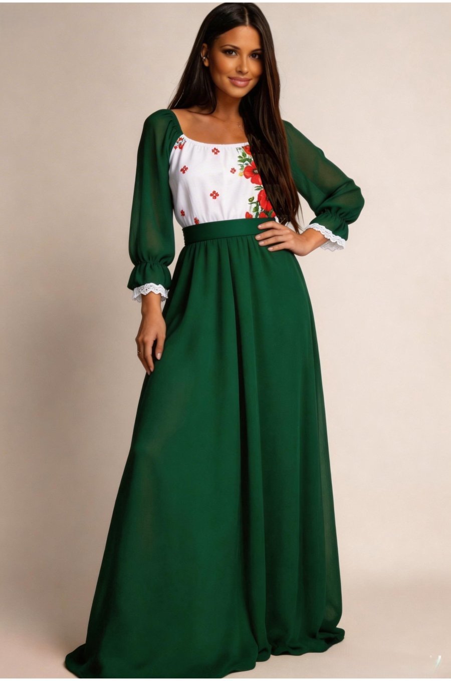 Rochie lunga verde din voal cu motive traditionale pe bust Emanuela 1 - jojofashion.ro