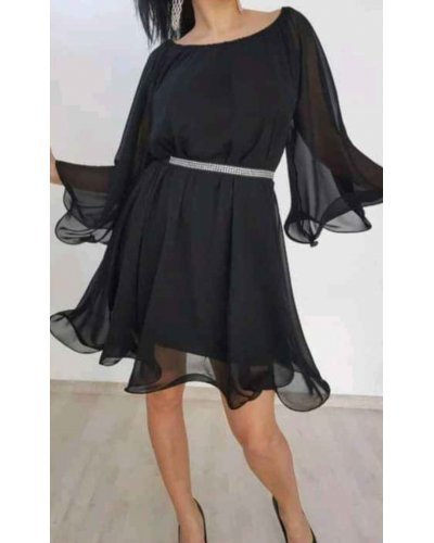 Rochie midi de ocazie din voal negru fluida Vanessa Rochii de Ocazie Elegante, Rochie midi de ocazie din voal negru fluida Vanessa - jojofashion.ro