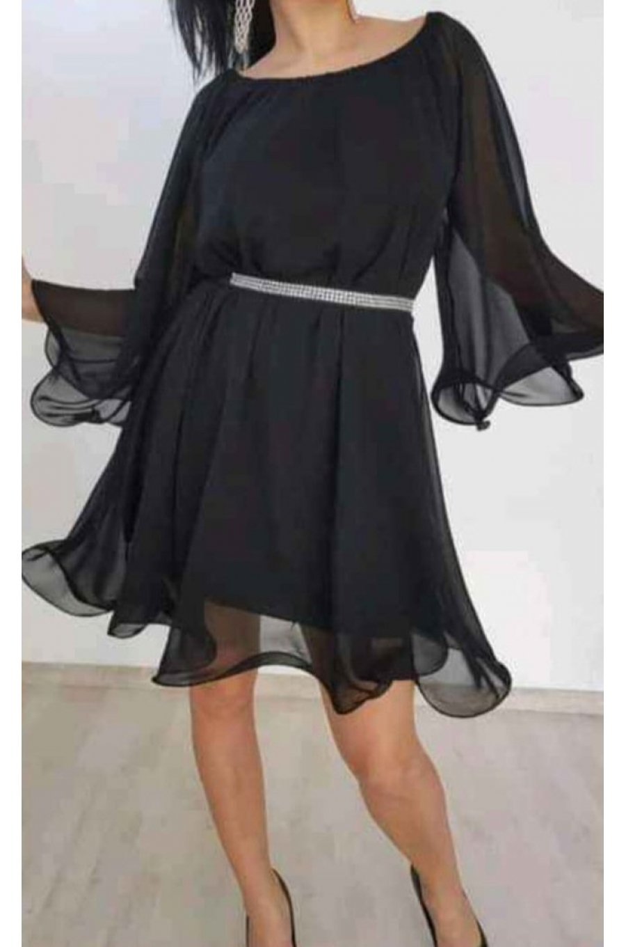 Rochie midi de ocazie din voal negru fluida Vanessa 1 - jojofashion.ro