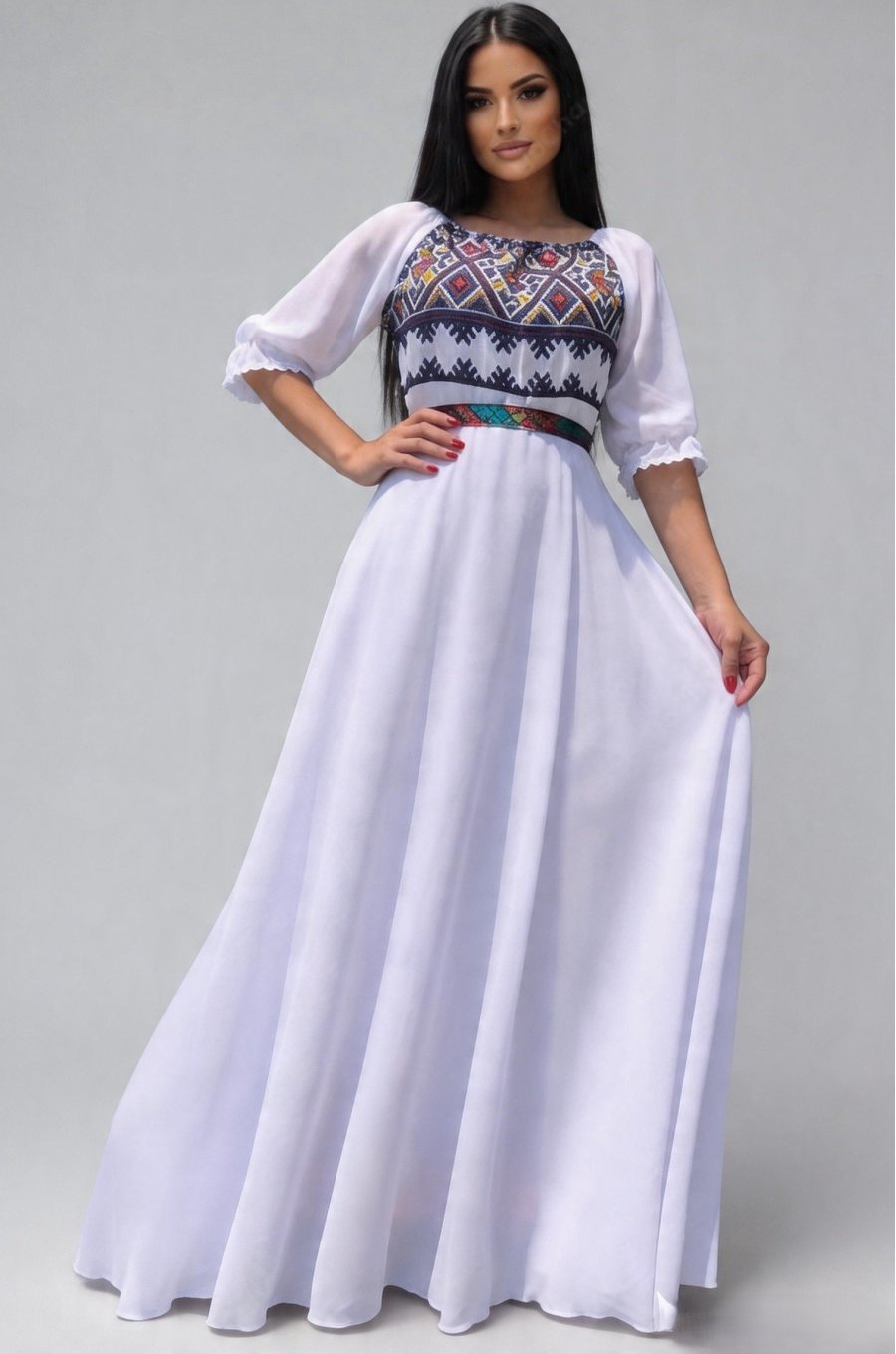 Rochie lunga alba eleganta din voal traditionala Analisa 1 - jojofashion.ro