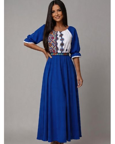 Rochii marimi mari, Rochie lunga albastra traditionala din voal vaporoasa Analisa - jojofashion.ro