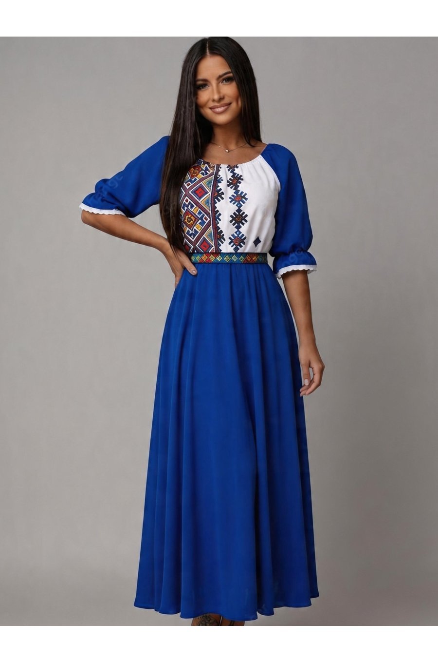 Rochie lunga albastra traditionala din voal vaporoasa Analisa 2 - jojofashion.ro