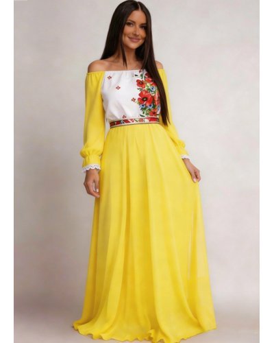 Rochii traditionale, Rochie lunga galbena traditionala din voal vaporoasa Emanuela - jojofashion.ro