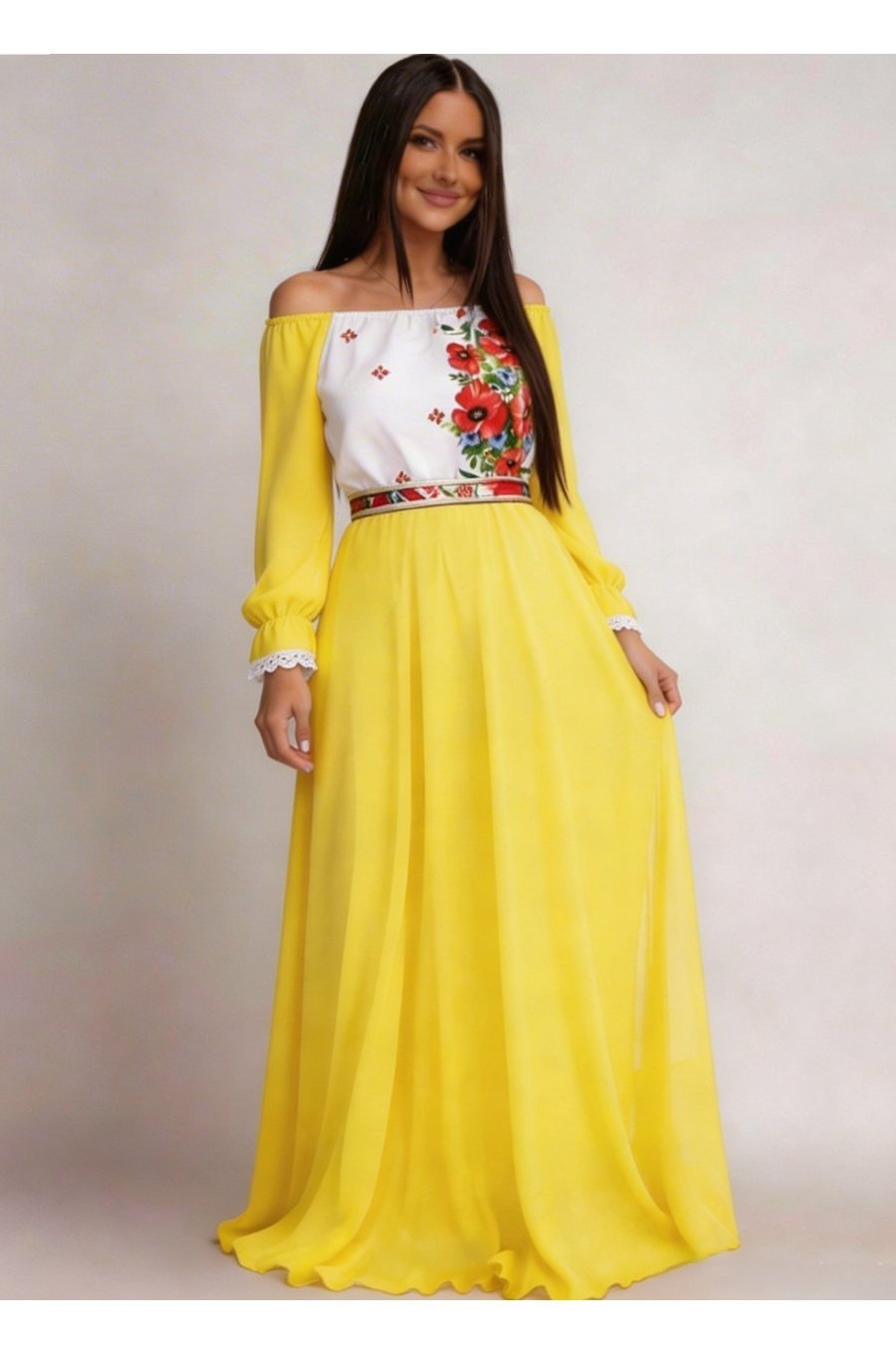 Rochie lunga galbena traditionala din voal vaporoasa Emanuela 1 - jojofashion.ro