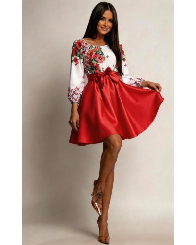 Rochii traditionale, Rochie traditionala midi din tafta rosie cu maci Azra - jojofashion.ro