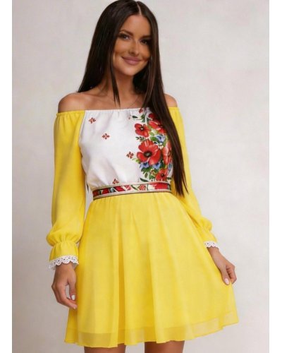 Rochii scurte, Rochie scurta galbena cu maci din voal cu motive traditionale Loredana - jojofashion.ro