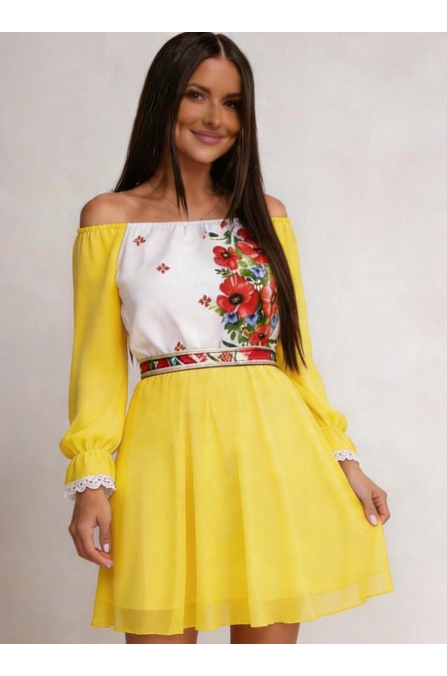 Rochie scurta galbena cu maci din voal cu motive traditionale Loredana 1 - jojofashion.ro