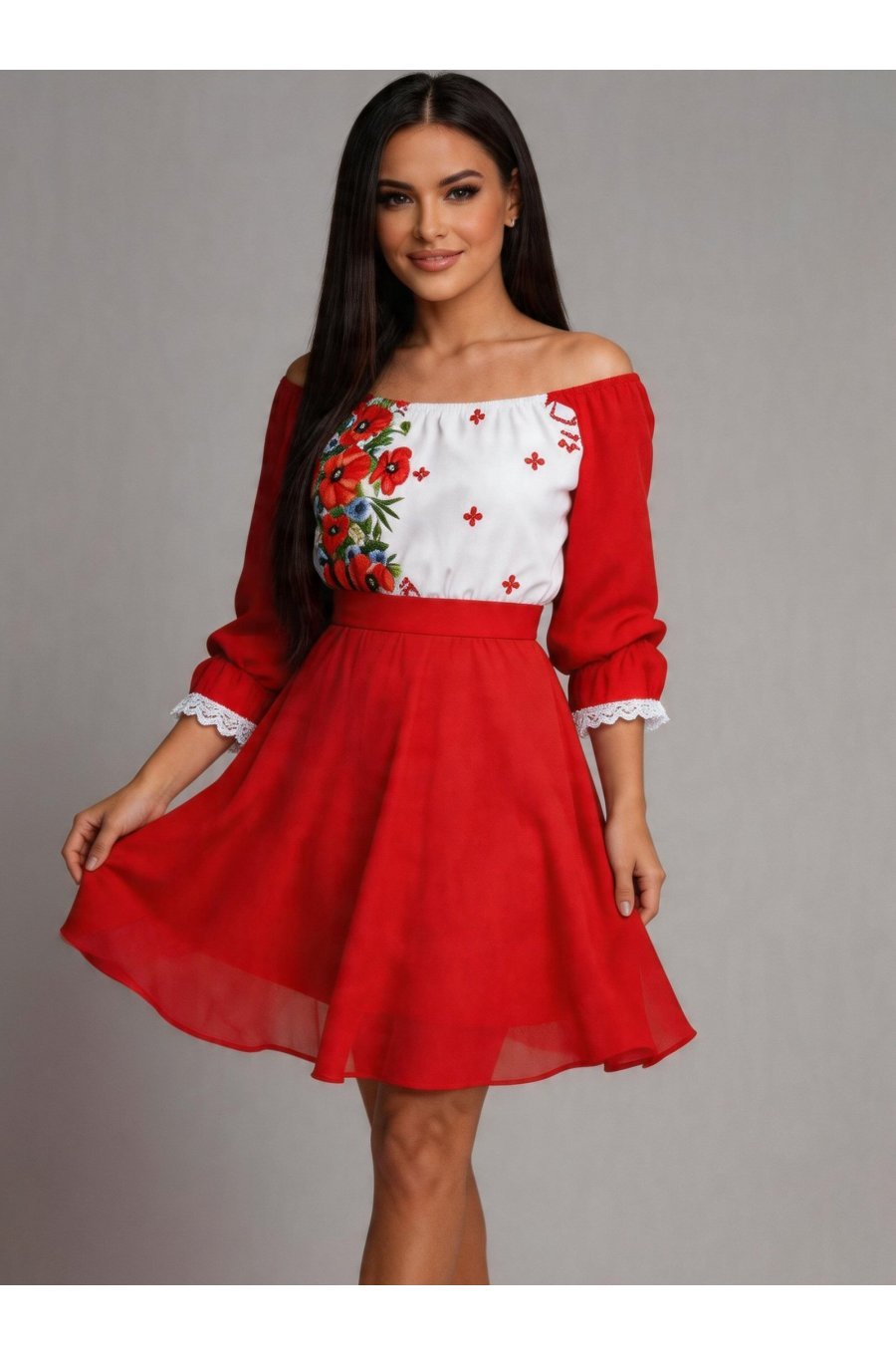 Rochie scurta rosie cu maci din voal cu motive traditionale Loredana 2 - jojofashion.ro