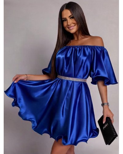 Rochii fabricate in Romania, Rochie baby doll scurta din satin albastra Jimena - jojofashion.ro