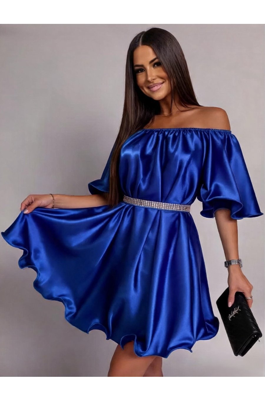 Rochie baby doll scurta din satin albastra Jimena 1 - jojofashion.ro