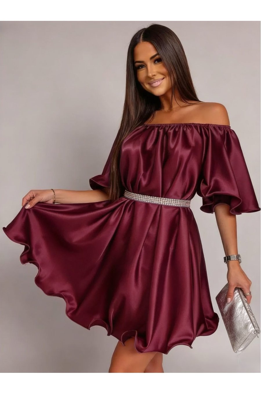 Rochie baby doll scurta din satin burgundy Jimena 1 - jojofashion.ro