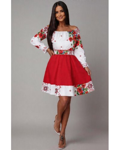 Rochii rosii, Rochie cu motive traditionale scurta tafta rosie cu maci Soledad - jojofashion.ro