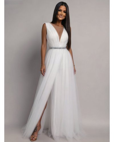 Rochie cununie civila alba lunga din tulle Adele1  - jojofashion.ro
