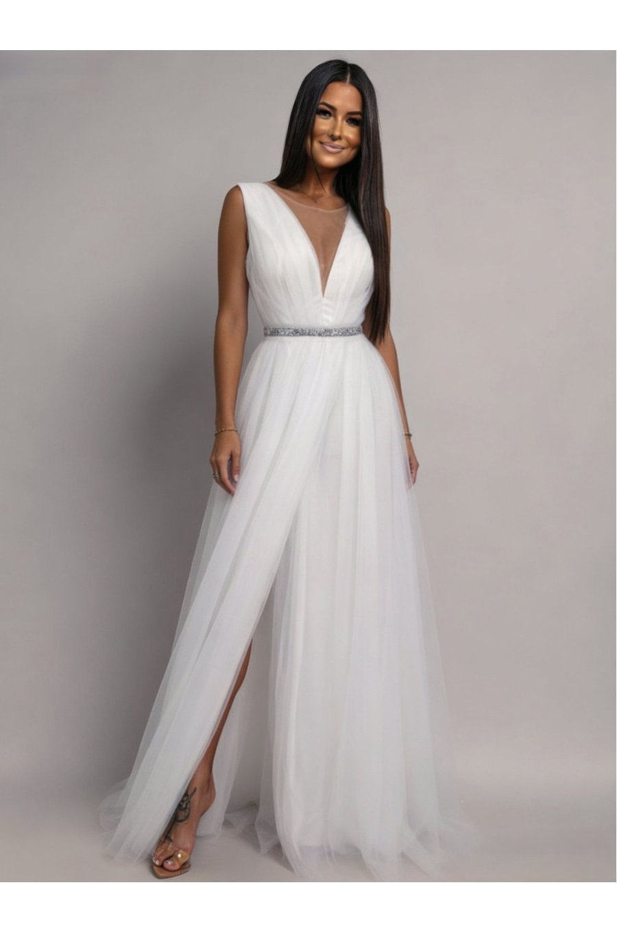 Rochie cununie civila alba lunga din tulle Adele1  1 - jojofashion.ro
