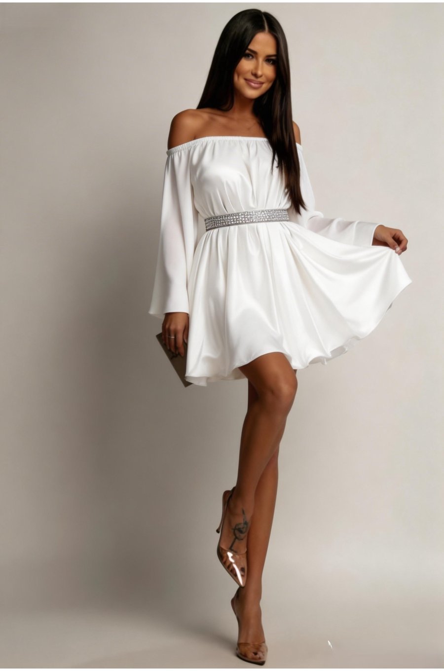 Rochie cununie civila scurta alba din satin babydoll Odessa  1 - jojofashion.ro
