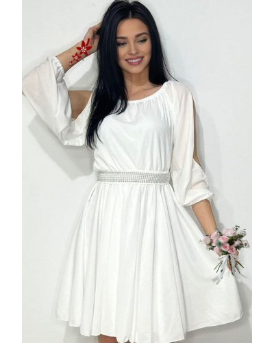 Rochie cununie civila scurta, din voal, alba, cu maneca trei sferturi, Larra Rochii cununie civila, Rochie cununie civila scurta, din voal, alba, cu maneca trei sferturi, Larra - jojofashion.ro