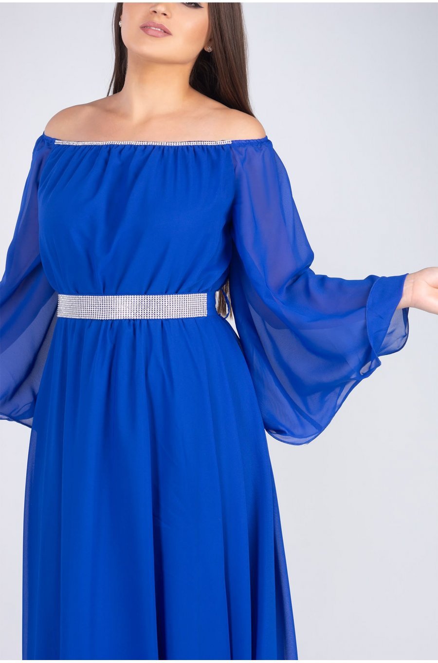 Rochie lunga albastra din voal cu maneca lunga Cinderella 3 - jojofashion.ro
