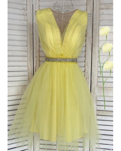 Rochie de ocazie eleganta scurta din tul galben baby doll Adelya  Rochii cununie civila, Rochie de ocazie eleganta scurta din tul galben baby doll Adelya  - jojofashion.ro