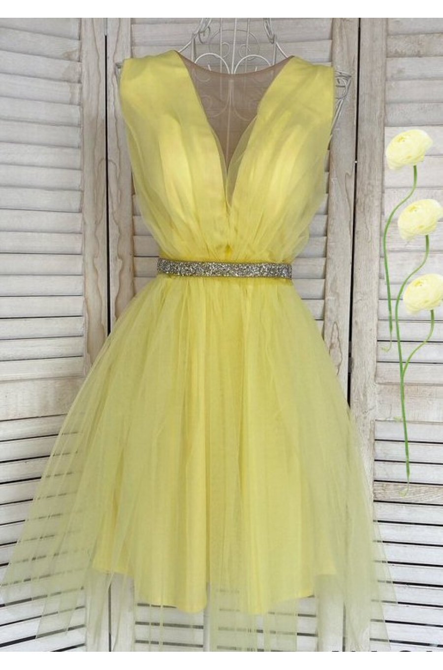 Rochie de ocazie eleganta scurta din tul galben baby doll Adelya  1 - jojofashion.ro
