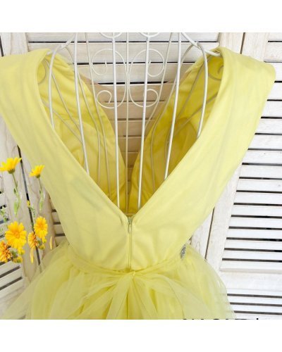 Rochie de ocazie eleganta scurta din tul galben baby doll Adelya  Rochii cununie civila, Rochie de ocazie eleganta scurta din tul galben baby doll Adelya  - jojofashion.ro