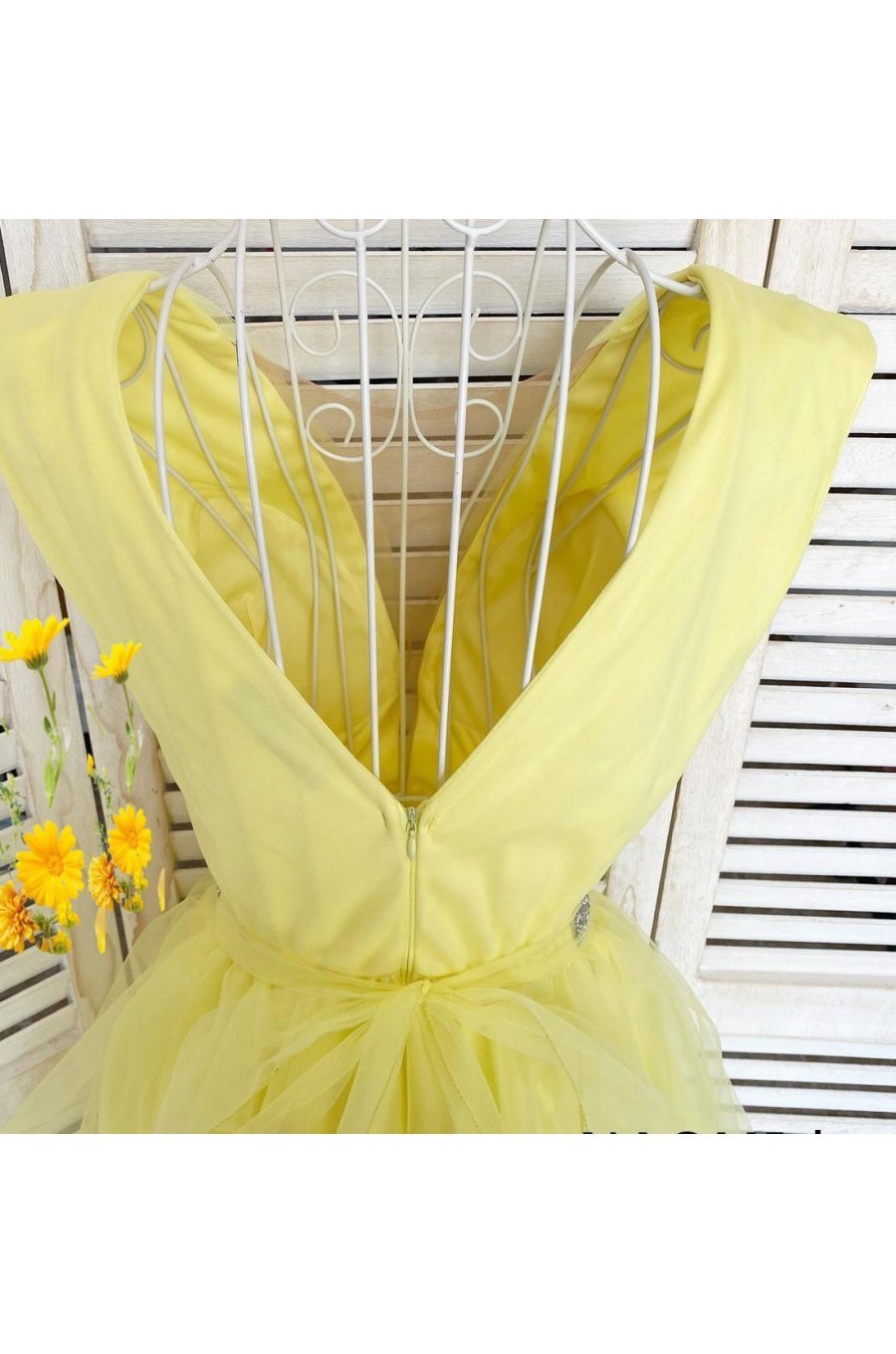 Rochie de ocazie eleganta scurta din tul galben baby doll Adelya  2 - jojofashion.ro