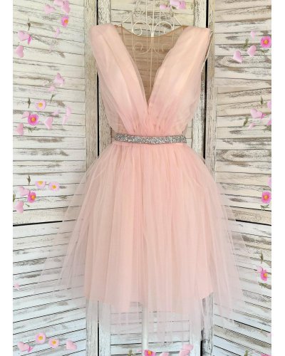 Rochie de ocazie eleganta scurta din tul roz pastelat Adelya Rochii cununie civila, Rochie de ocazie eleganta scurta din tul roz pastelat Adelya - jojofashion.ro
