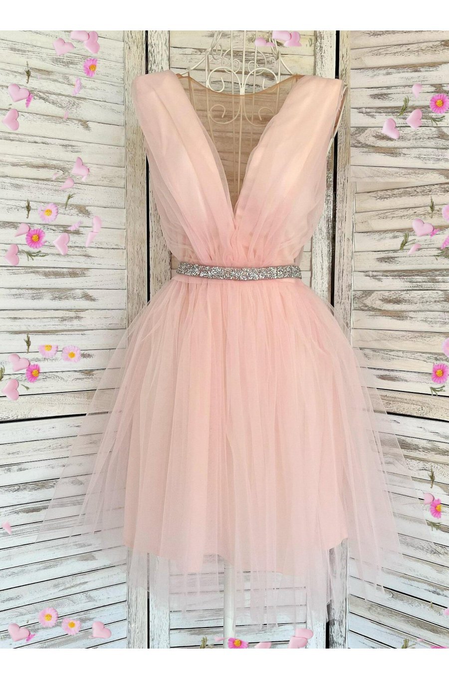 Rochie de ocazie eleganta scurta din tul roz pastelat Adelya 1 - jojofashion.ro