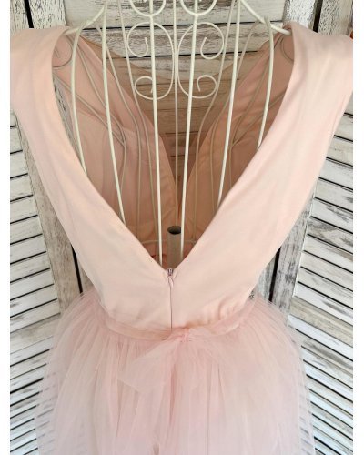 Rochie de ocazie eleganta scurta din tul roz pastelat Adelya Rochii cununie civila, Rochie de ocazie eleganta scurta din tul roz pastelat Adelya - jojofashion.ro