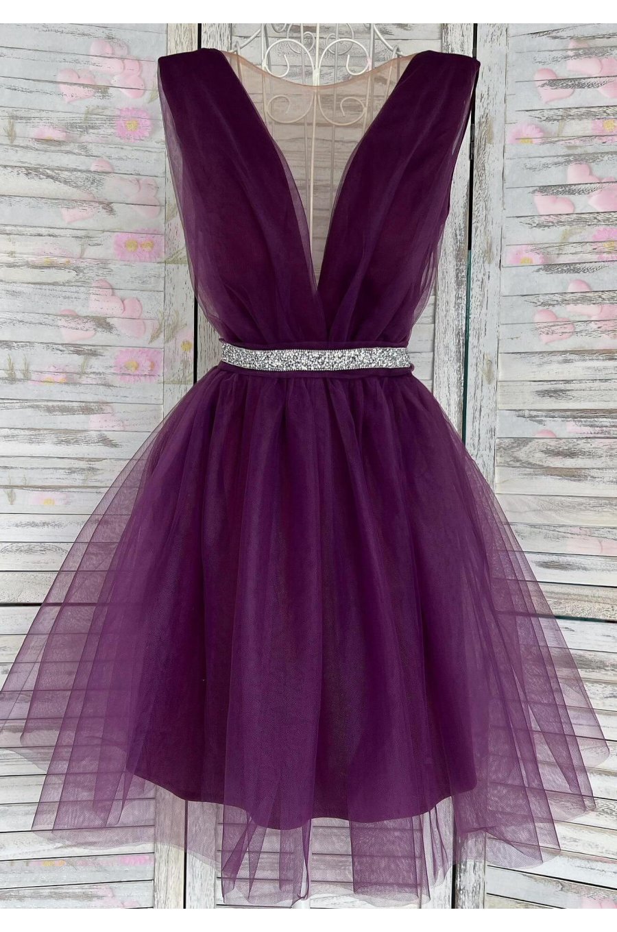 Rochie de ocazie eleganta scurta baby doll tul mov Adelya 1 - jojofashion.ro
